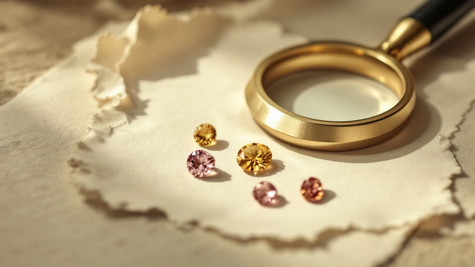 A jeweller loupe and loose stones on ivory paper
