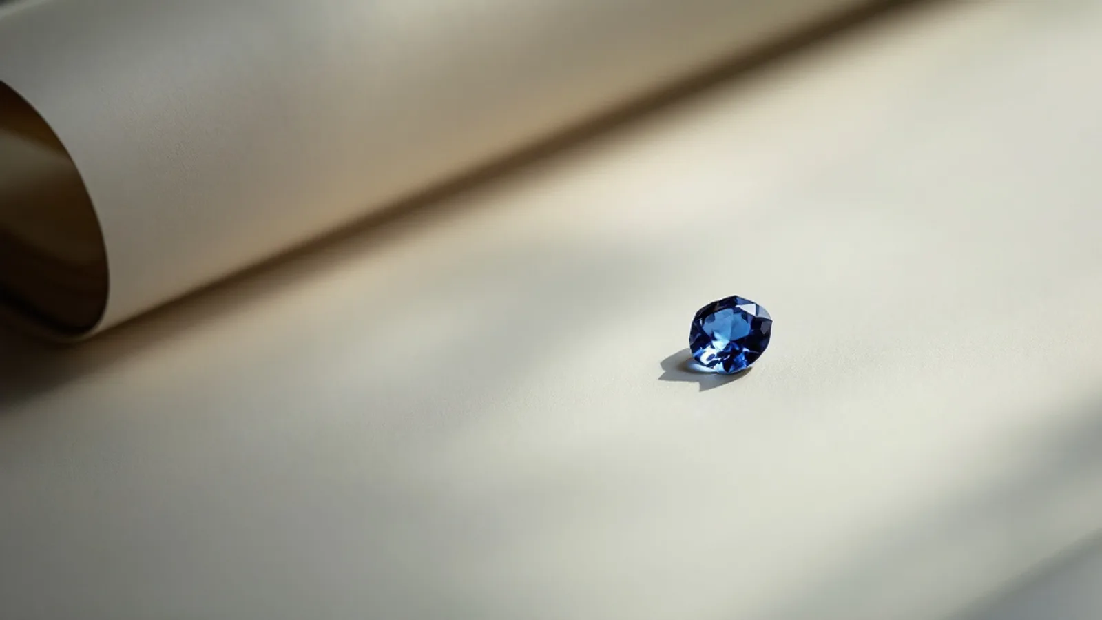 A single loose sapphire on an auction catalogue page with a lot number card