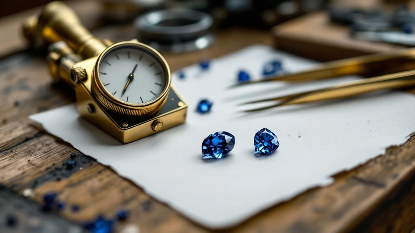 A refractometer and loupe beside loose stones on a gem testing bench