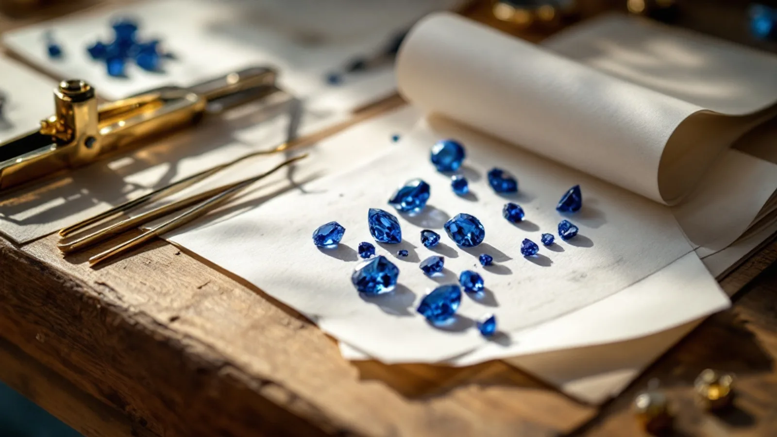 A dealer parcel of loose sapphires with stone papers and a trade card tray