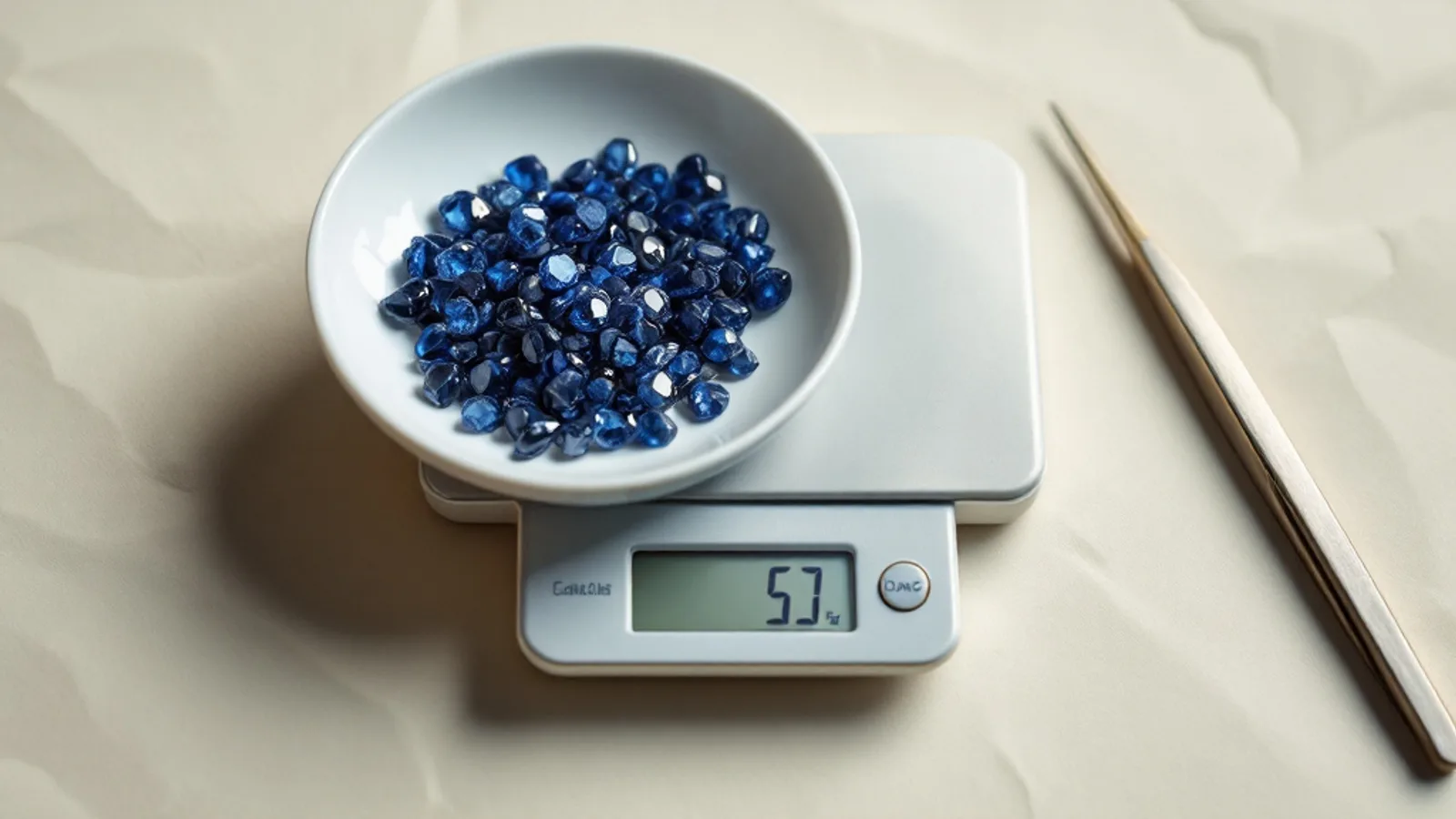 Loose sapphires beside a carat balance