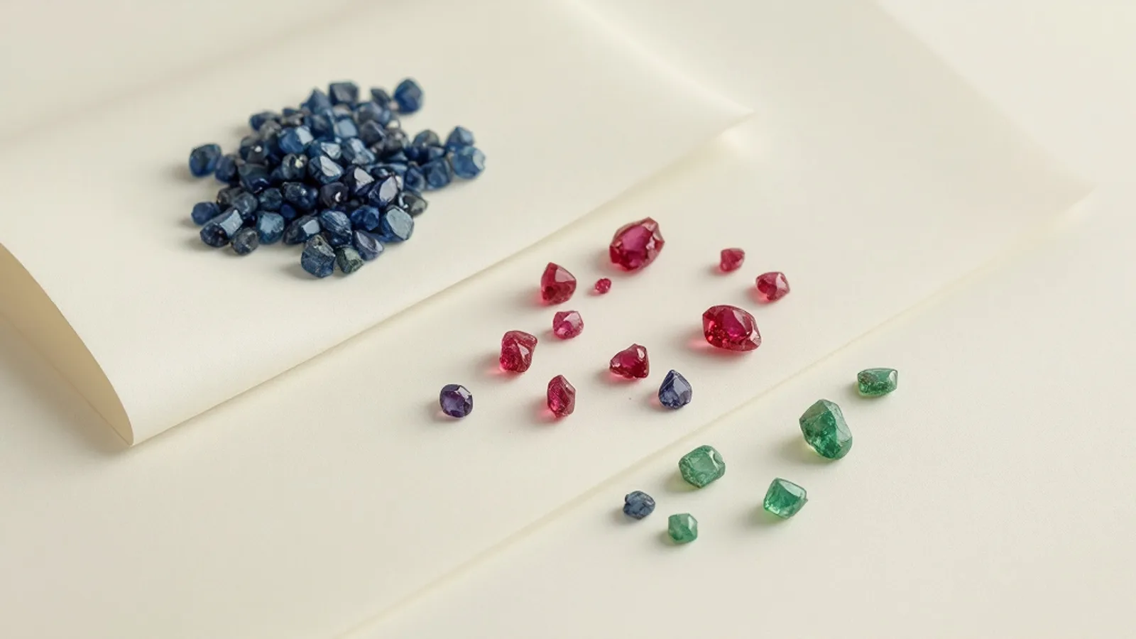 Loose sapphires, rubies and emeralds arranged on stone papers