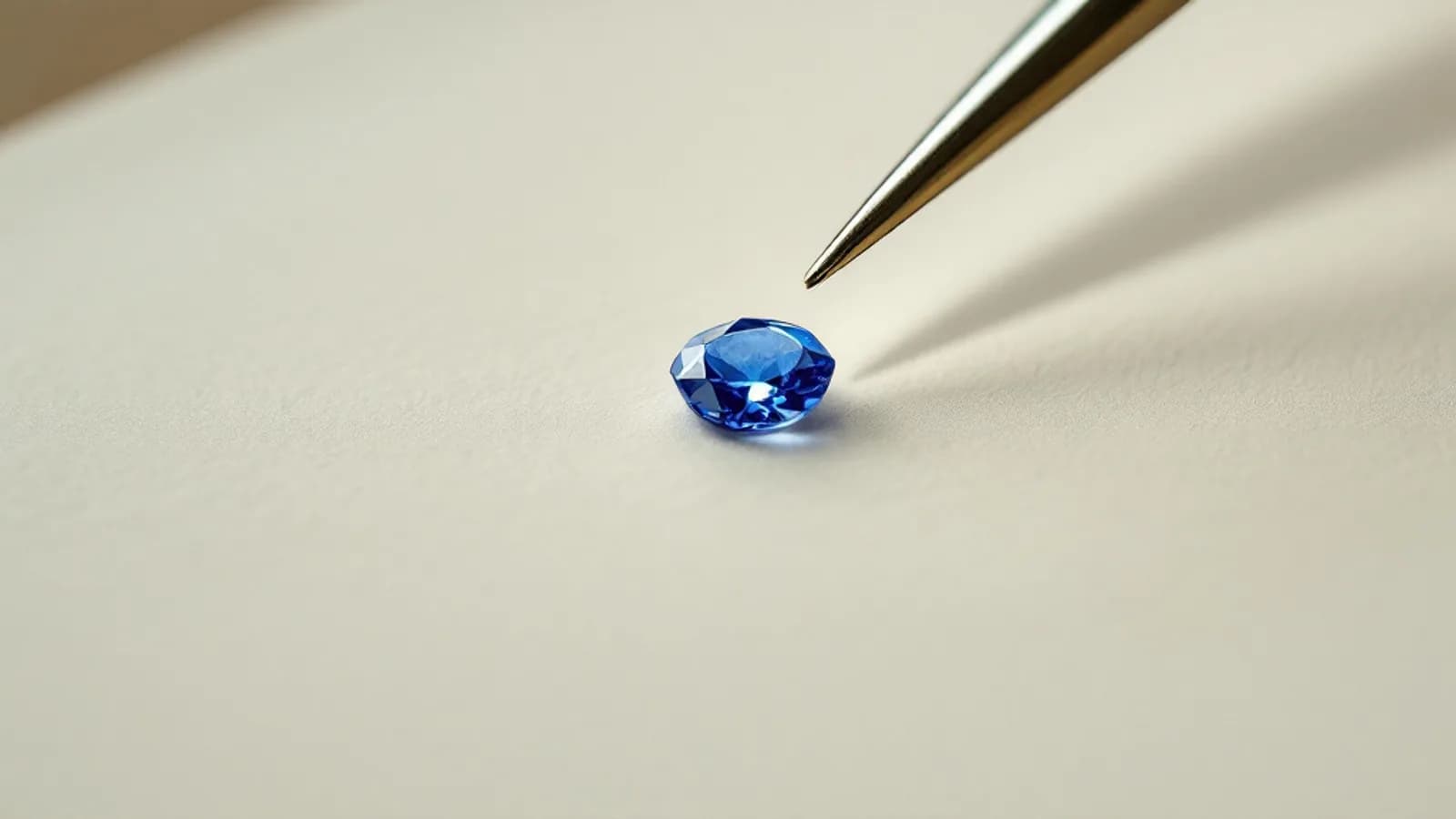 A loose sapphire under tweezers on ivory paper