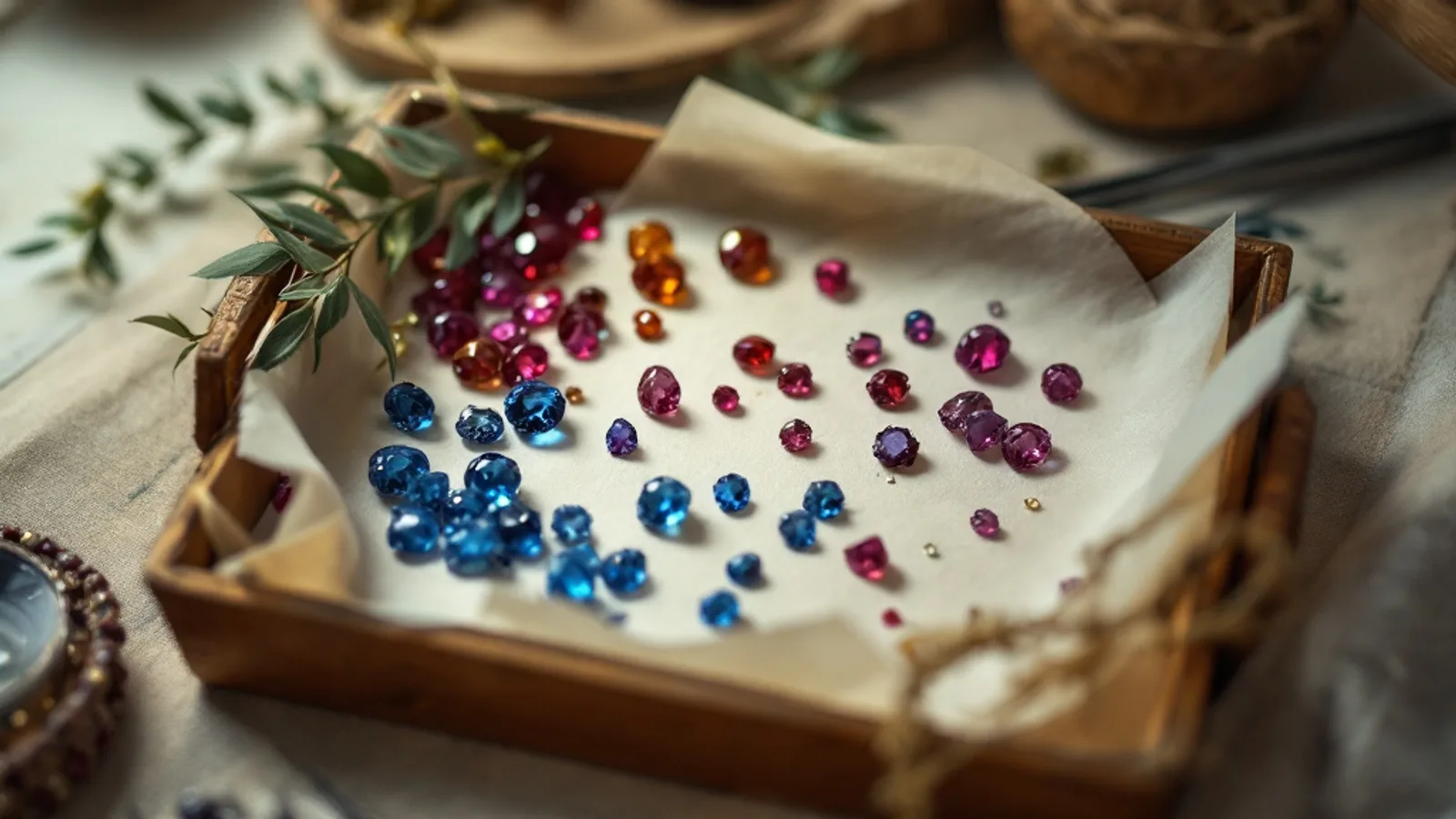 Loose gemstones on a dealer tray with tweezers at a trade fair table