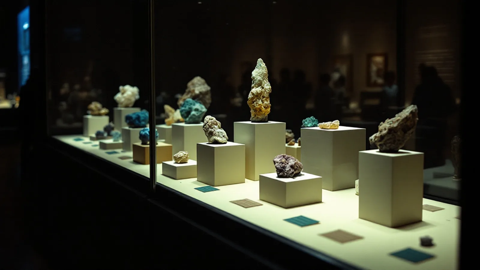 A lit museum case of mineral and gem specimens in a dark gallery