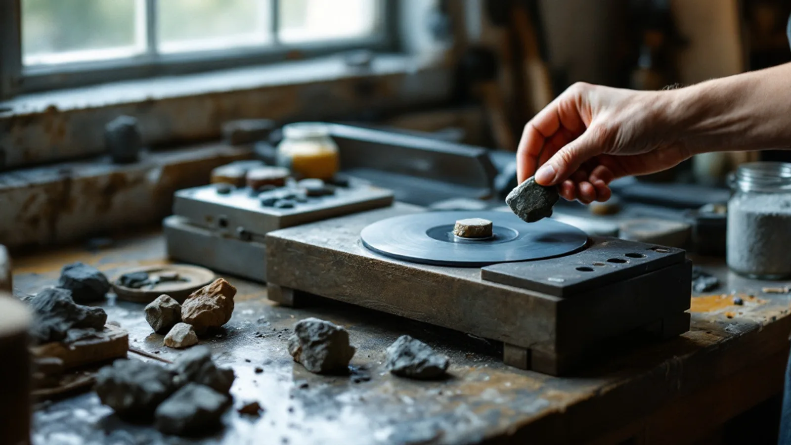 A hand holding a piece of rough over a lapidary lap wheel on a workshop bench