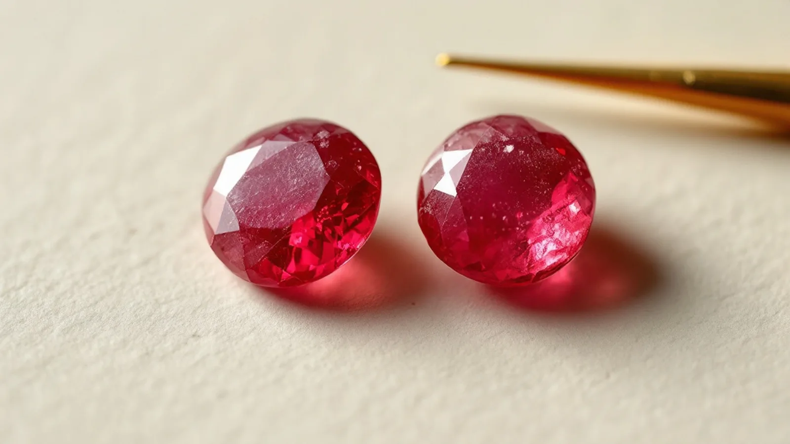Two loose rubies side by side on ivory paper